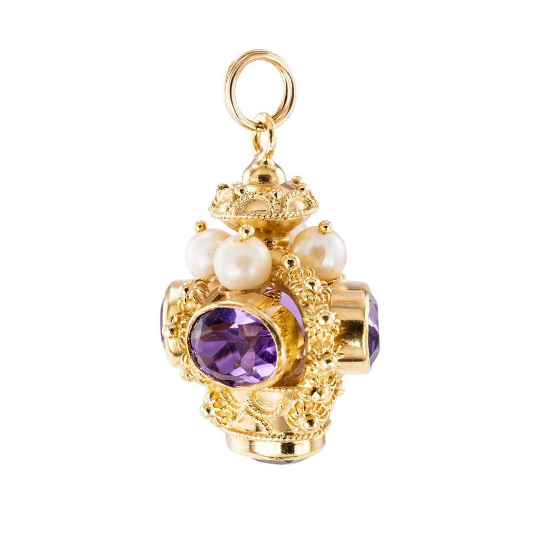 Amethyst cultured pearl and yellow gold crown-shaped charm pendant circa 1950.  Clear and concise information you want to know is listed below.  Contact us right away if you have additional questions.  We are here to connect you with beautiful and