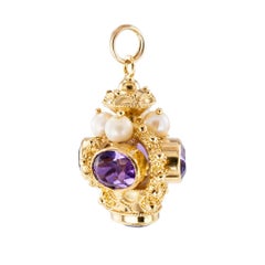 Amethyst Cultured Pearl Yellow Gold Crown Shaped Charm Pendant