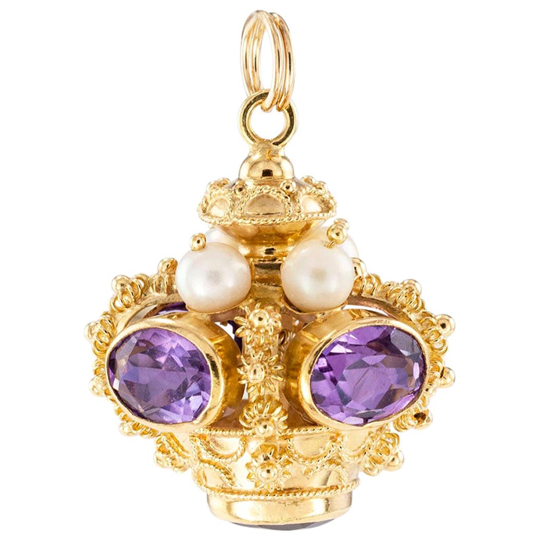 Amethyst Cultured Pearl Yellow Gold Crown Shaped Charm Pendant