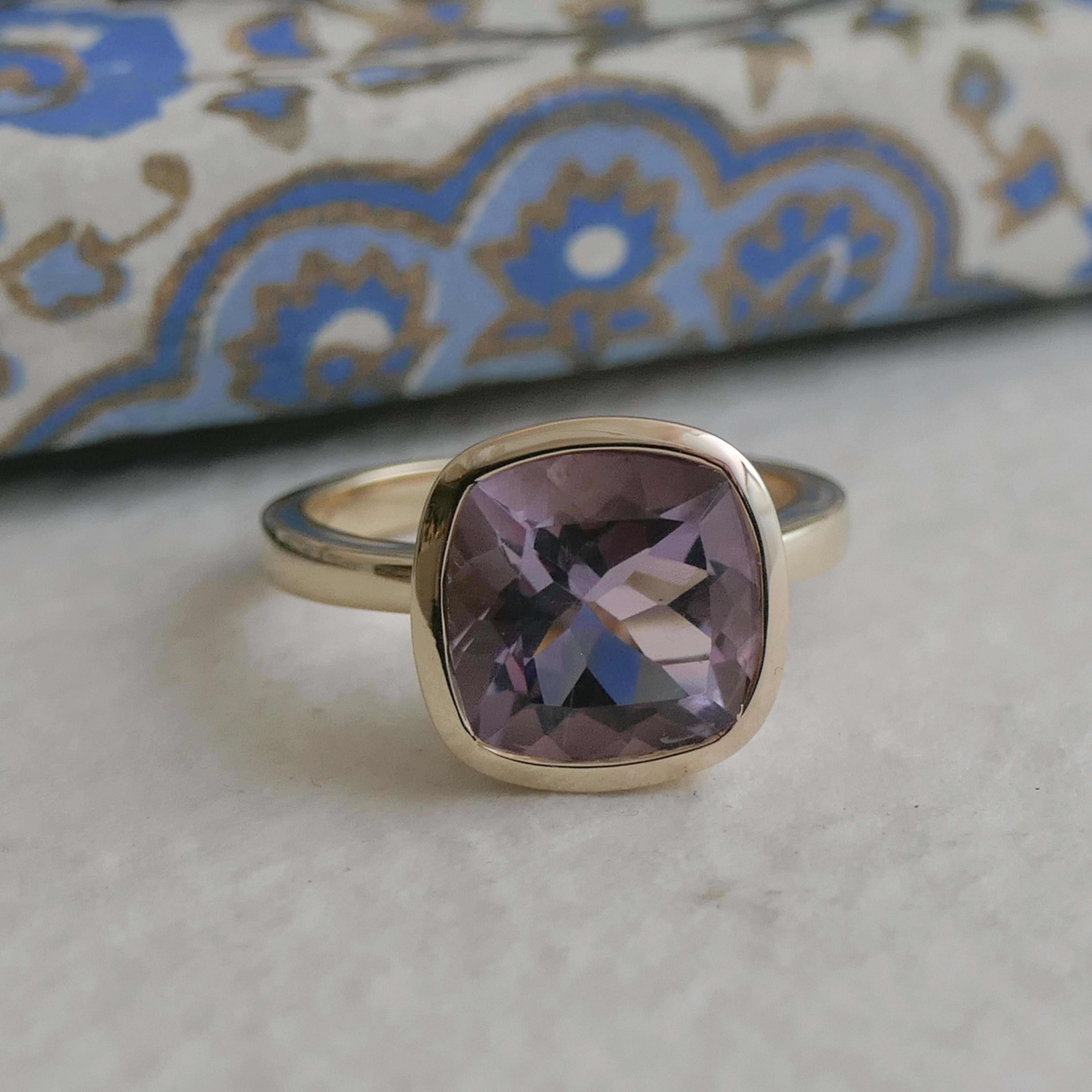 Amethyst Cushion Cut Gold Plated Sterling Silver Ring In New Condition For Sale In Oslo, 03