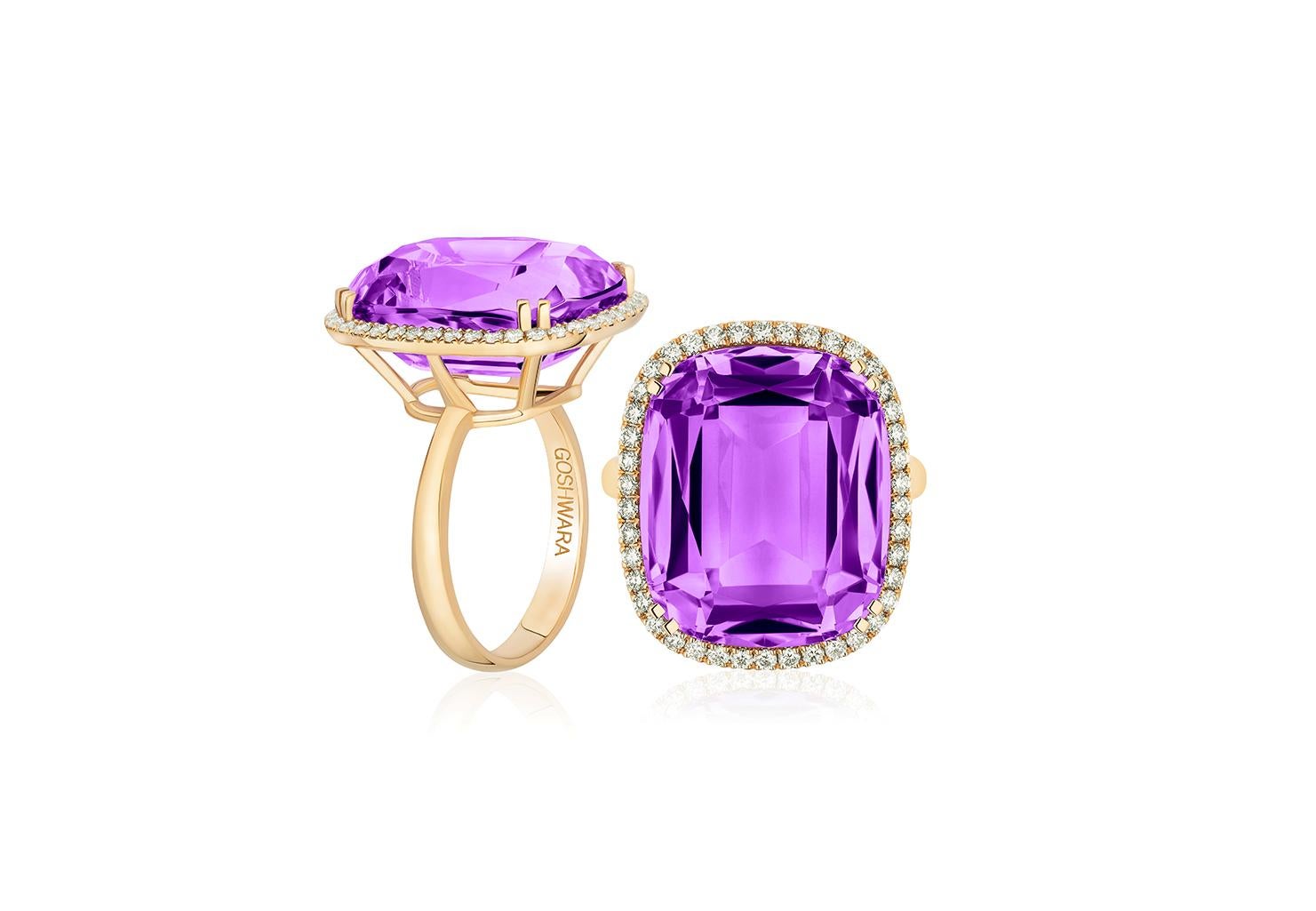 For Sale:  Amethyst Cushion Cut Ring with Tube Shank & Diamond in 18K Yellow Gold 2