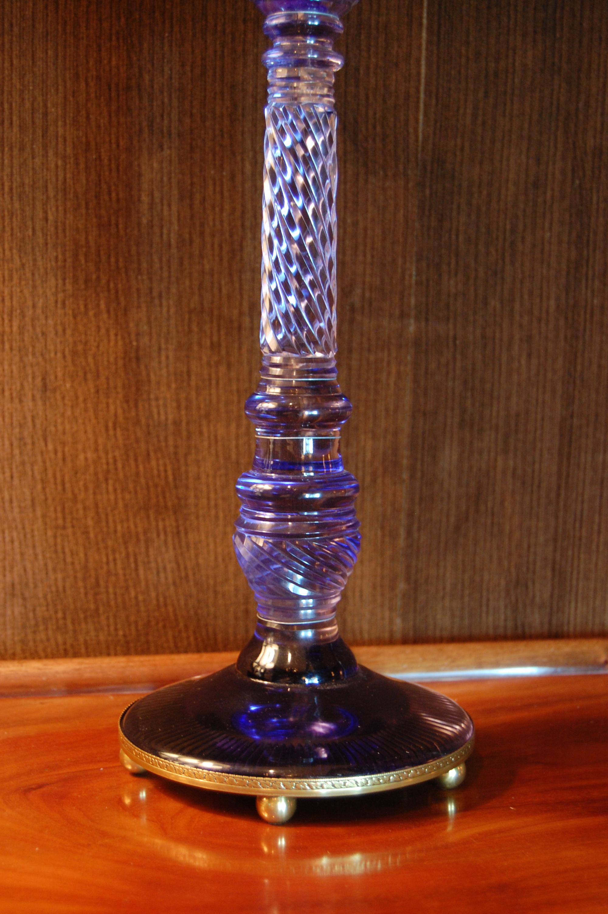 Edwardian Amethyst Cut-Glass Candlestick Wired as a Lamp, circa 1900