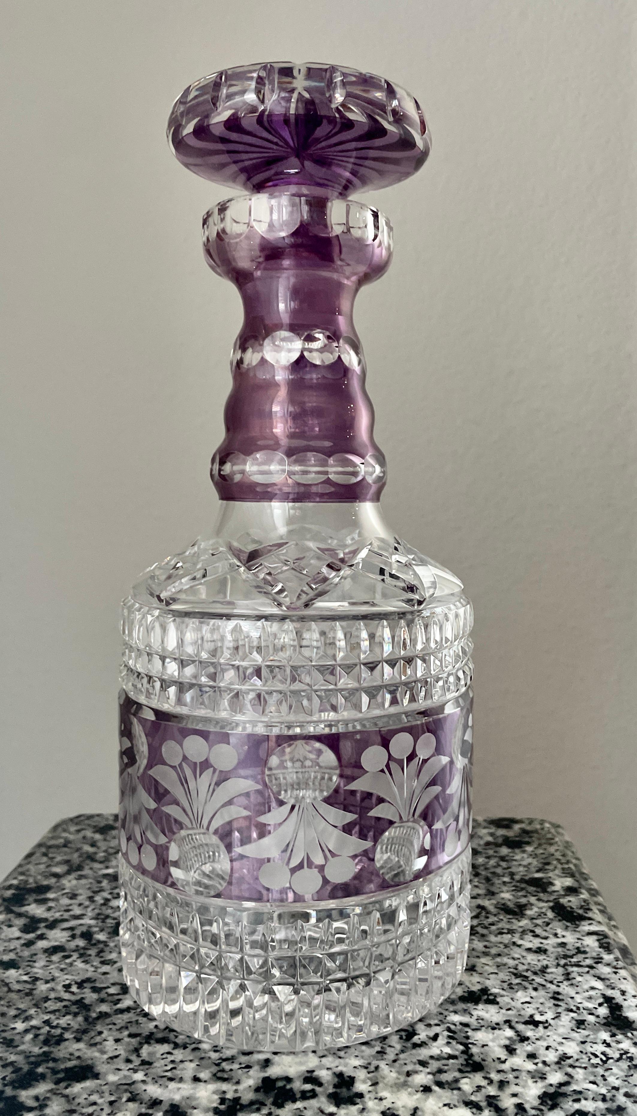 Etched Amethyst Cut To Clear Crystal Decanter For Sale