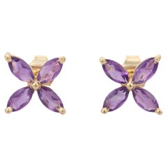 Amethyst Dainty Flower Studs, 14k Solid Yellow Gold Pushback Earrings