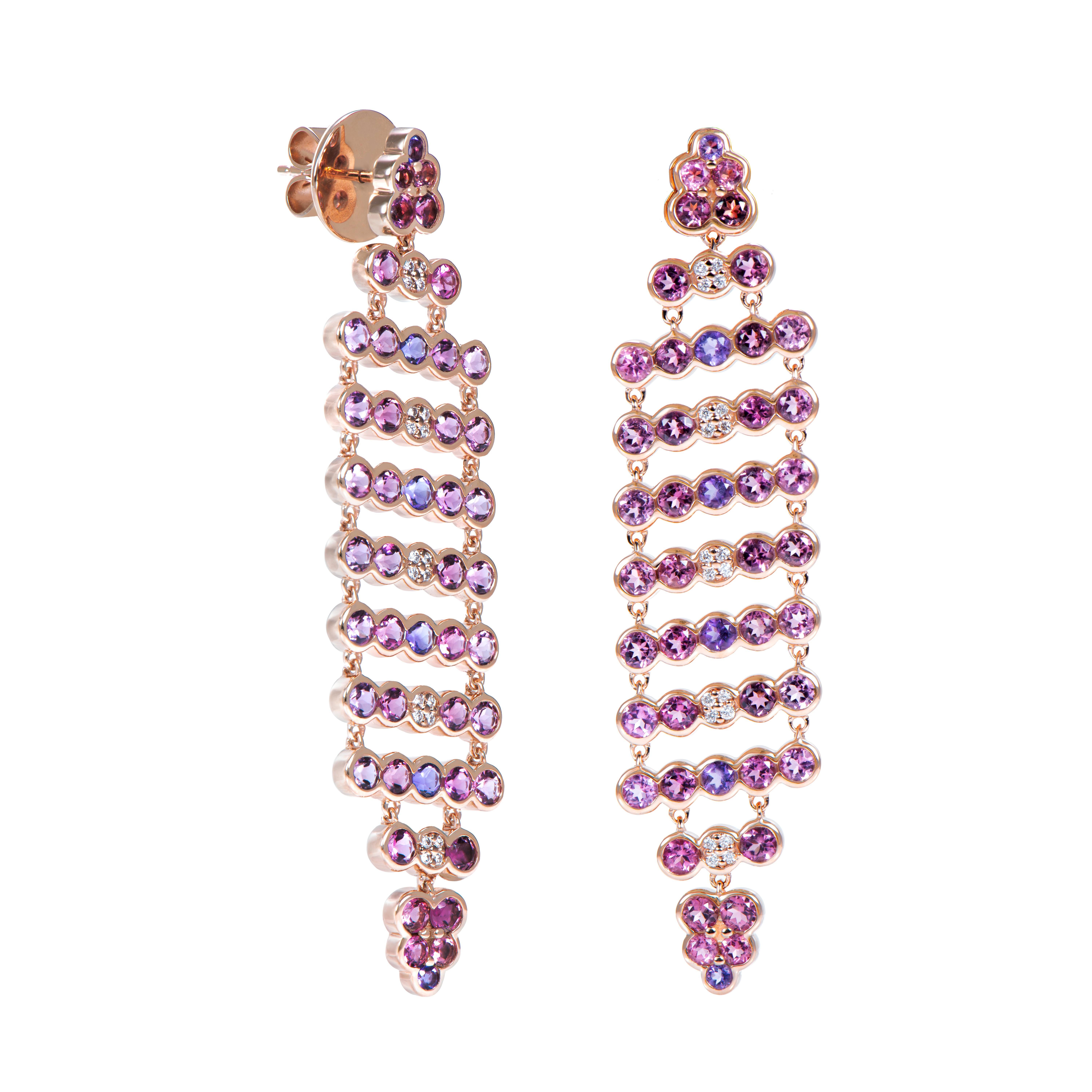 An exclusive collection of designer and unique dangle earrings by Sunita Nahata Fine Design.
These pretty Pairs Amethyst with pink tourmalines and diamonds Set in rose gold this collection is elegant and classy with any look.  

Amethyst Dangle