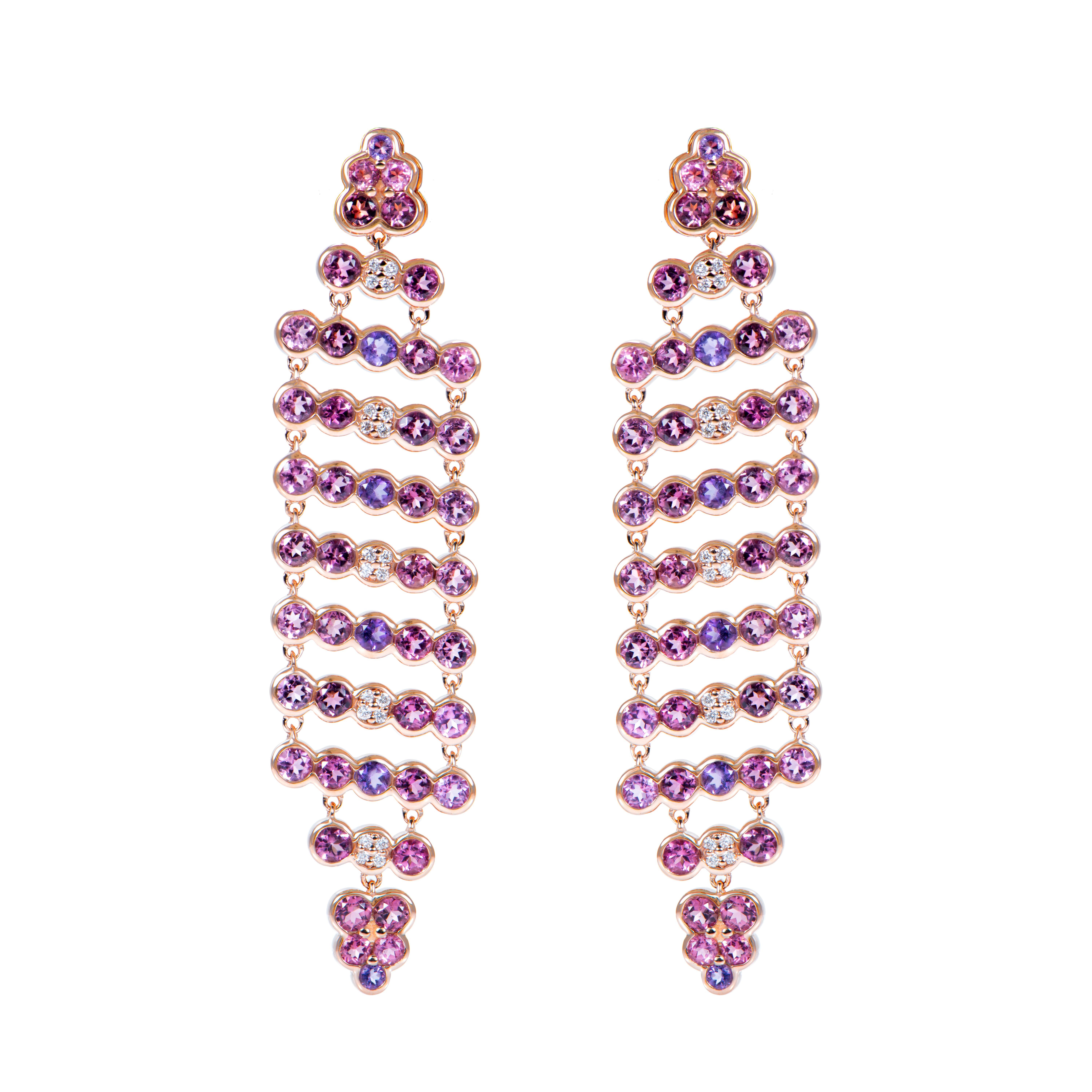 Contemporary Amethyst Dangle Earring with Pink Tourmaline and Diamond in 18 Karat Rose Gold. For Sale