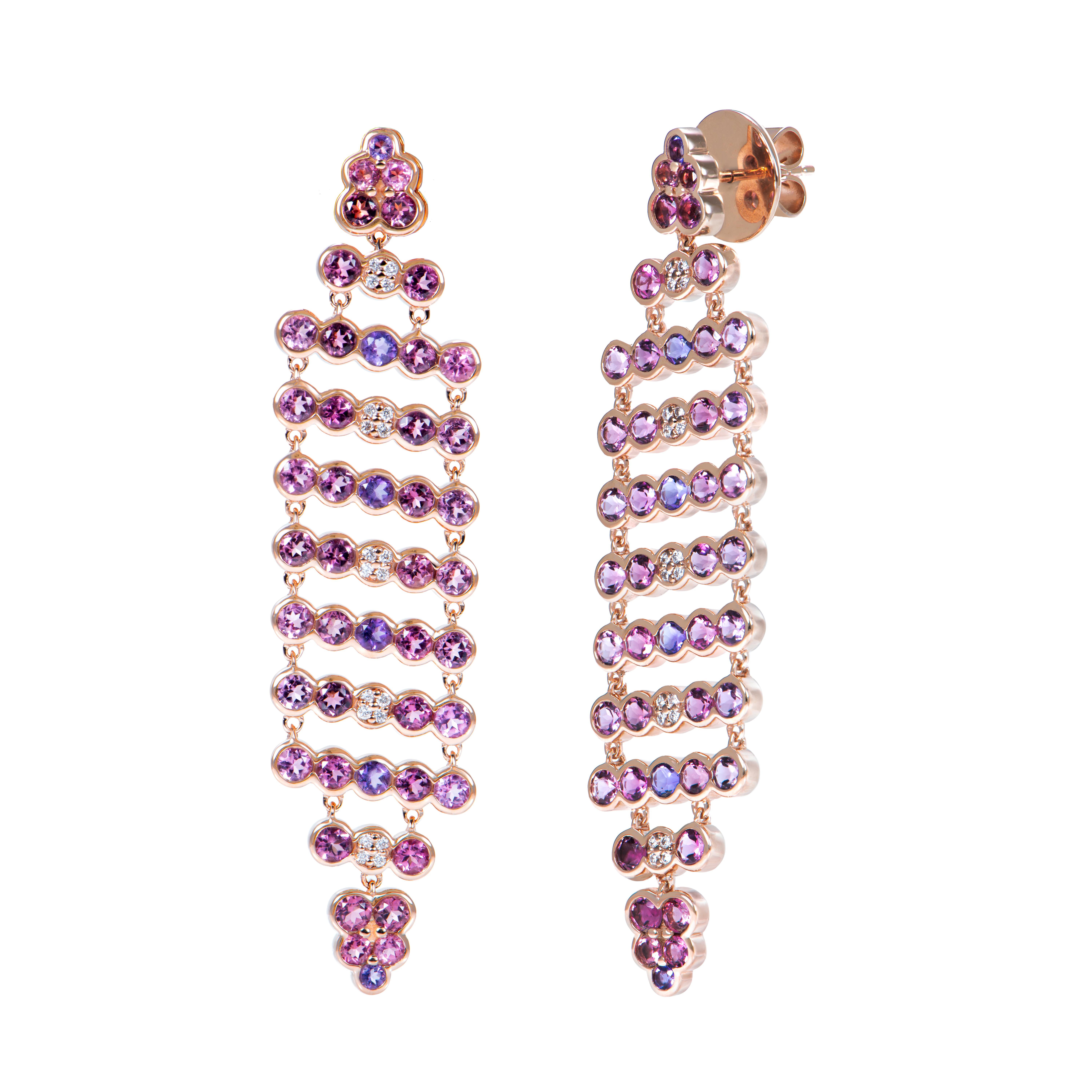 Round Cut Amethyst Dangle Earring with Pink Tourmaline and Diamond in 18 Karat Rose Gold. For Sale