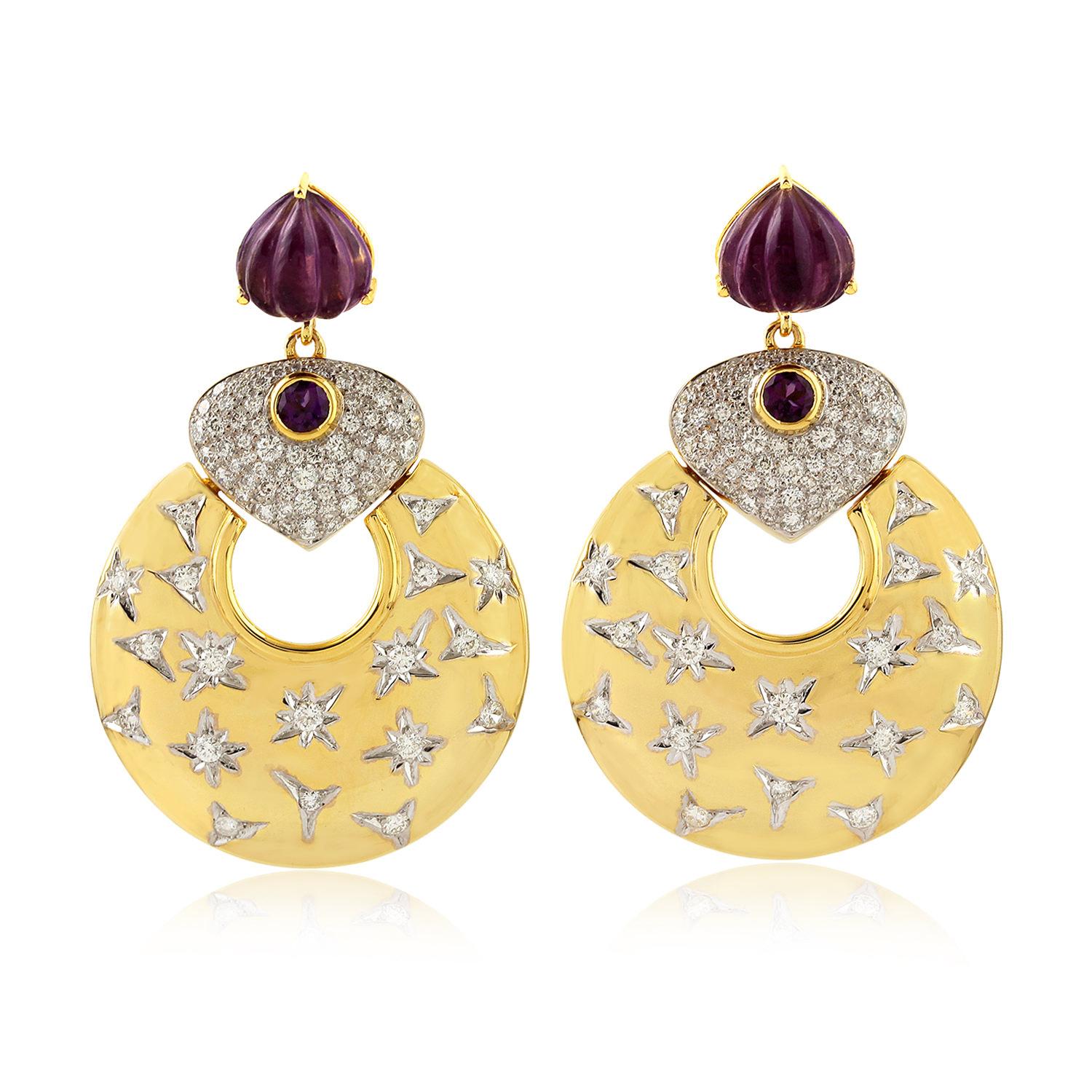 Mixed Cut Amethyst Dangle Earrings Accented With Diamonds Made In 18K Yellow Gold For Sale