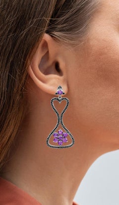 Amethyst Dangle Earrings Black Spinel 6.2 Carats Black Rhodium Plated Silver