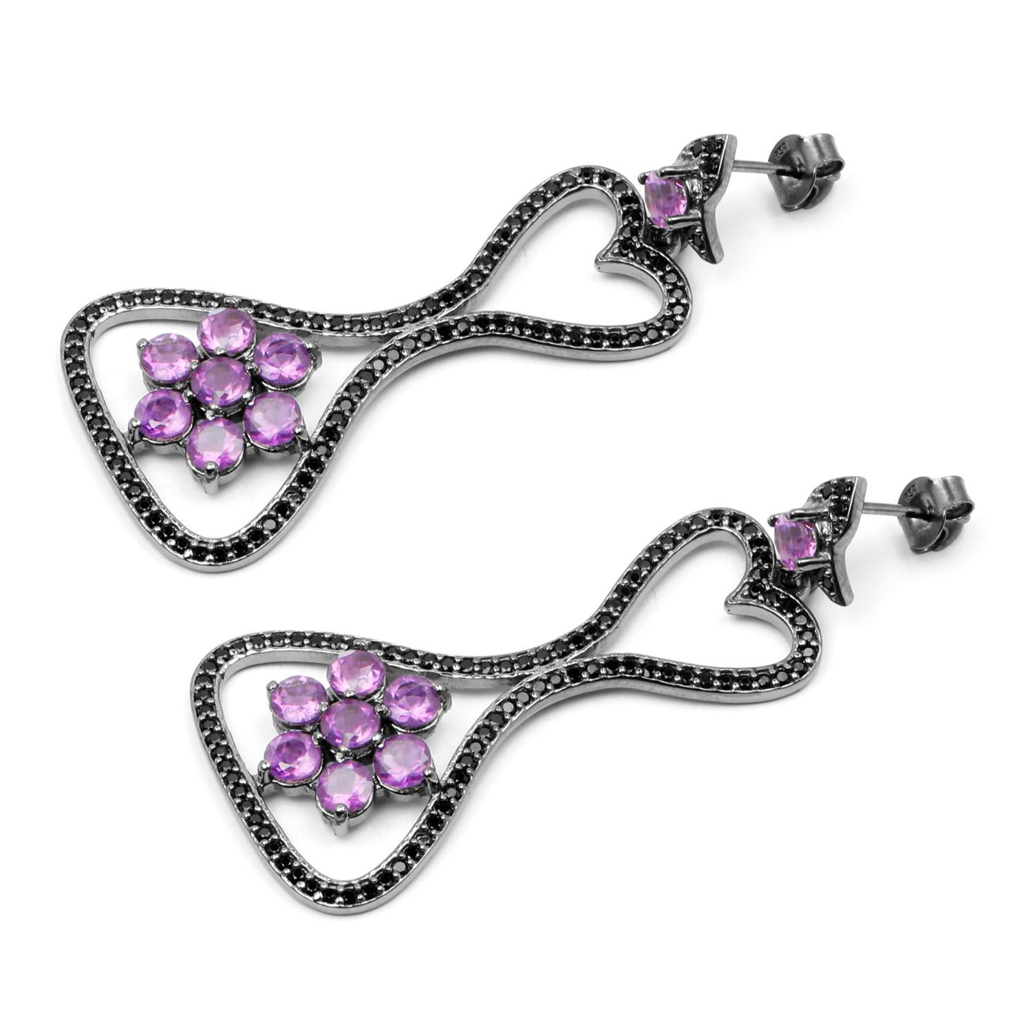 Contemporaneo Orecchini pendenti di ametista Spinello nero 6,2 carati Argento rodiato nero in vendita