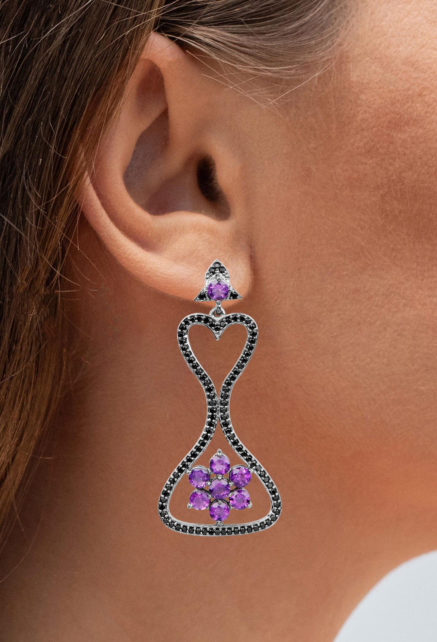 Taglio misto Orecchini pendenti di ametista Spinello nero 6,2 carati Argento rodiato nero in vendita