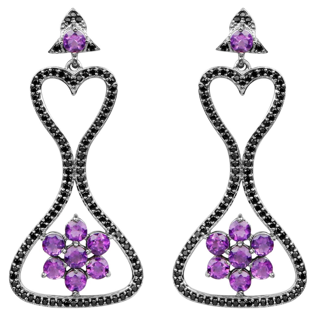 Orecchini pendenti di ametista Spinello nero 6,2 carati Argento rodiato nero in vendita