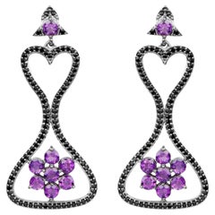 Amethyst Dangle Earrings Black Spinel 6.2 Carats Black Rhodium Plated Silver