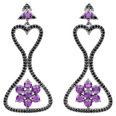 Amethyst Dangle Earrings Black Spinel 6.2 Carats Black Rhodium Plated Silver