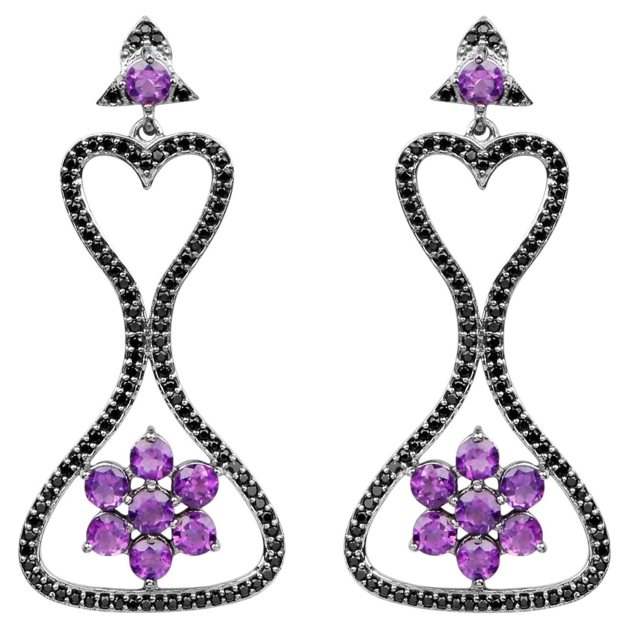 Amethyst Dangle Earrings Black Spinel 6.2 Carats Black Rhodium Plated Silver For Sale