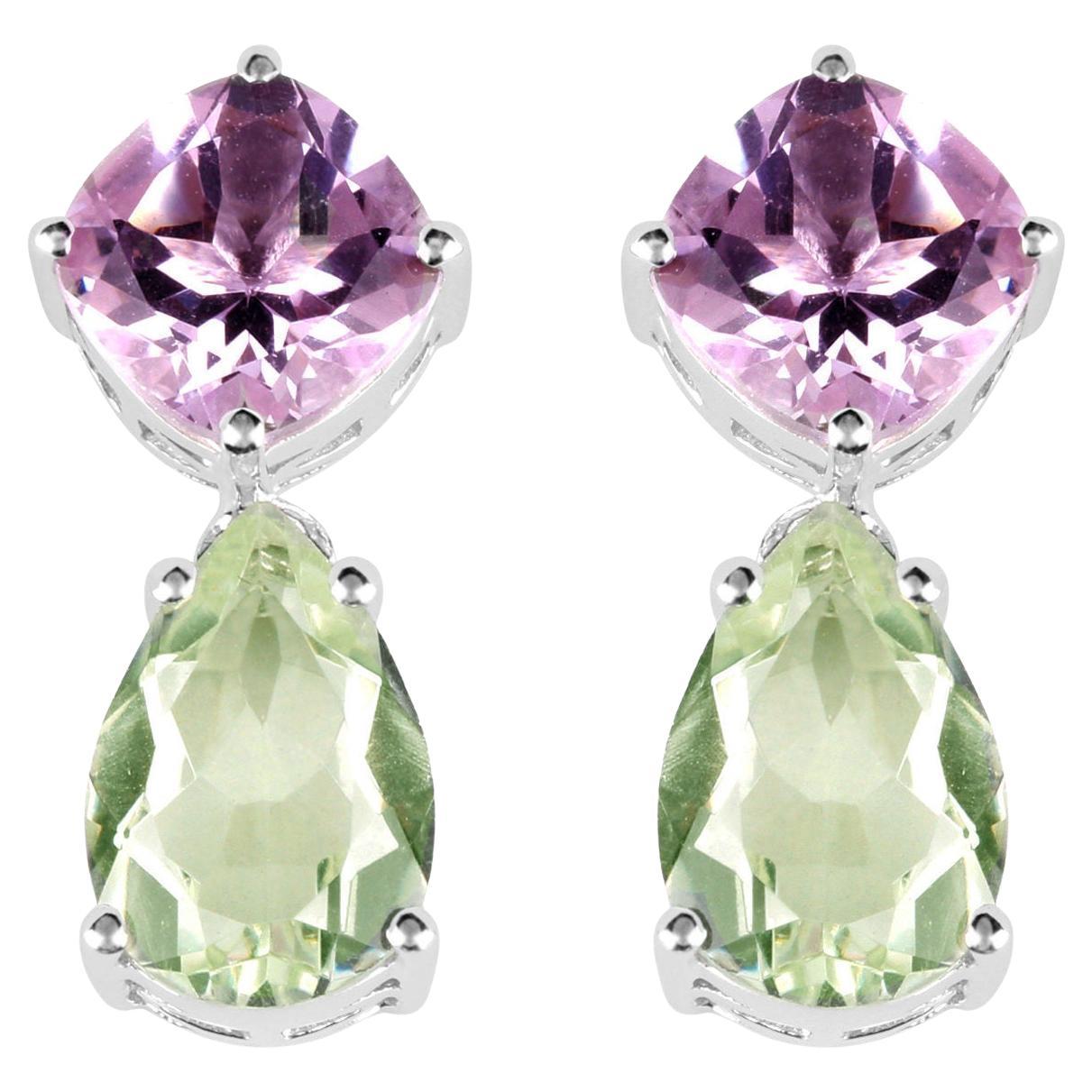 Amethyst Dangle Earrings Green and Pink 8.98 Carats Sterling Silver