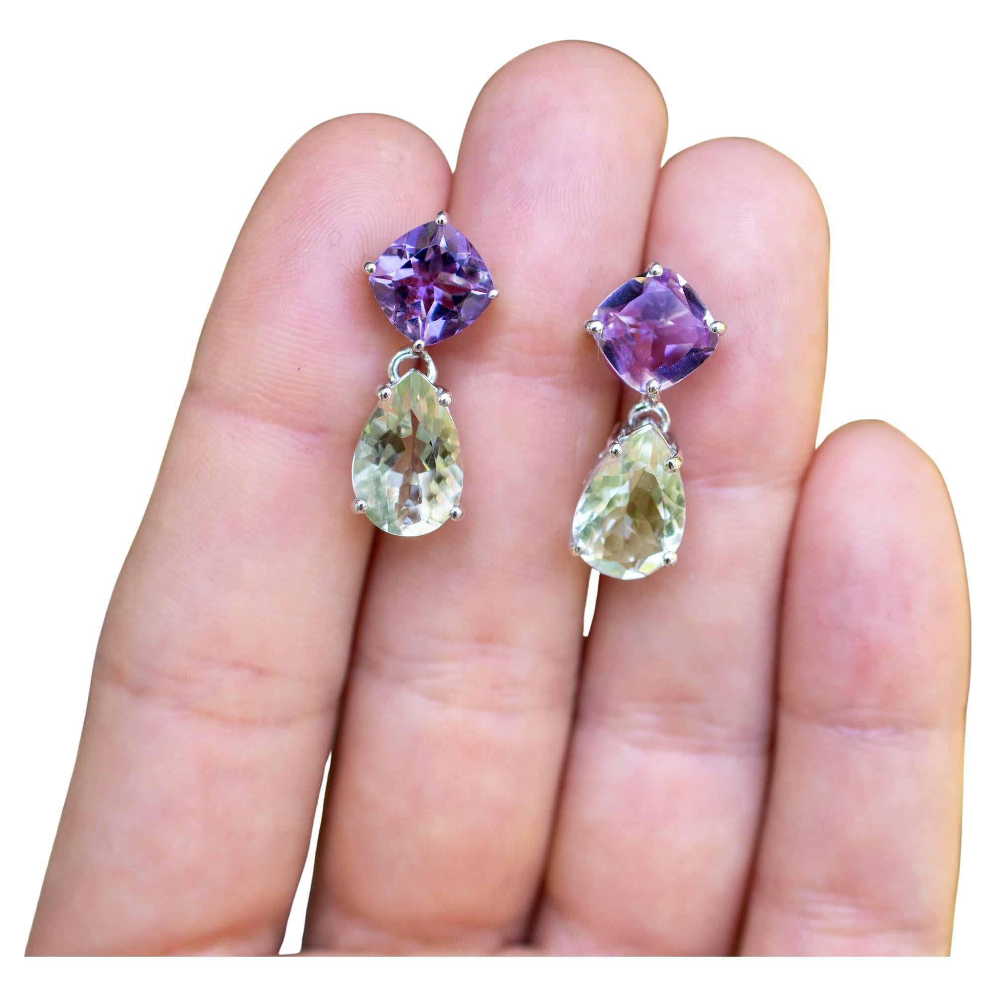 Amethyst-Baumel-Ohrringe Grün und Rosa 8,98 Karat Sterling Silber im Angebot