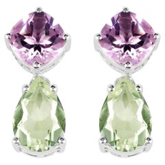 Amethyst Dangle Earrings Green and Pink 8.98 Carats Sterling Silver