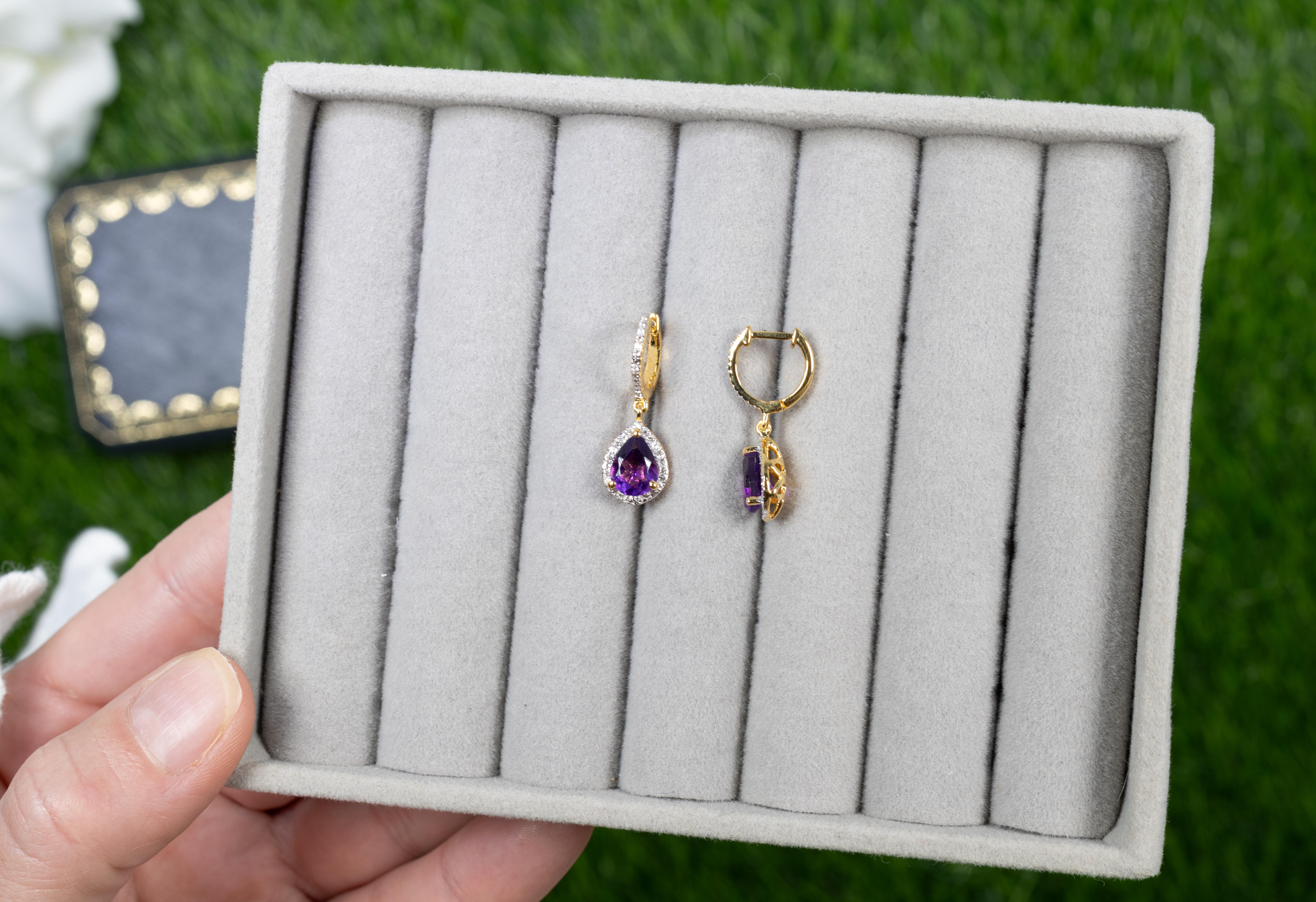 Pear Cut Amethyst Dangle Earrings White Topaz 2.28 Carats 18K Yellow Gold Plated Silver For Sale