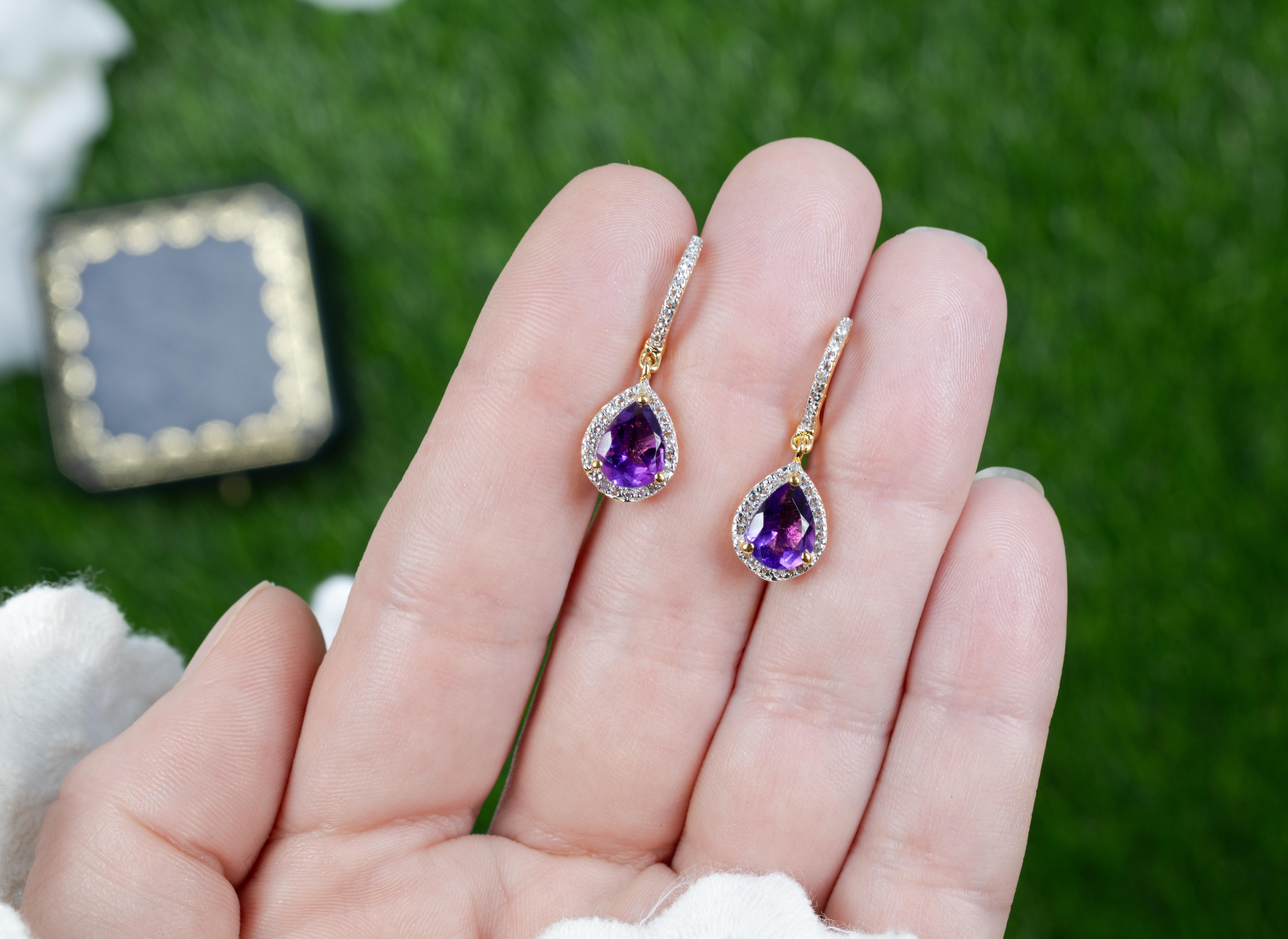 Amethyst Dangle Earrings White Topaz 2.28 Carats 18K Yellow Gold Plated Silver In condizioni Nuovo in vendita a Aliso Viejo, CA