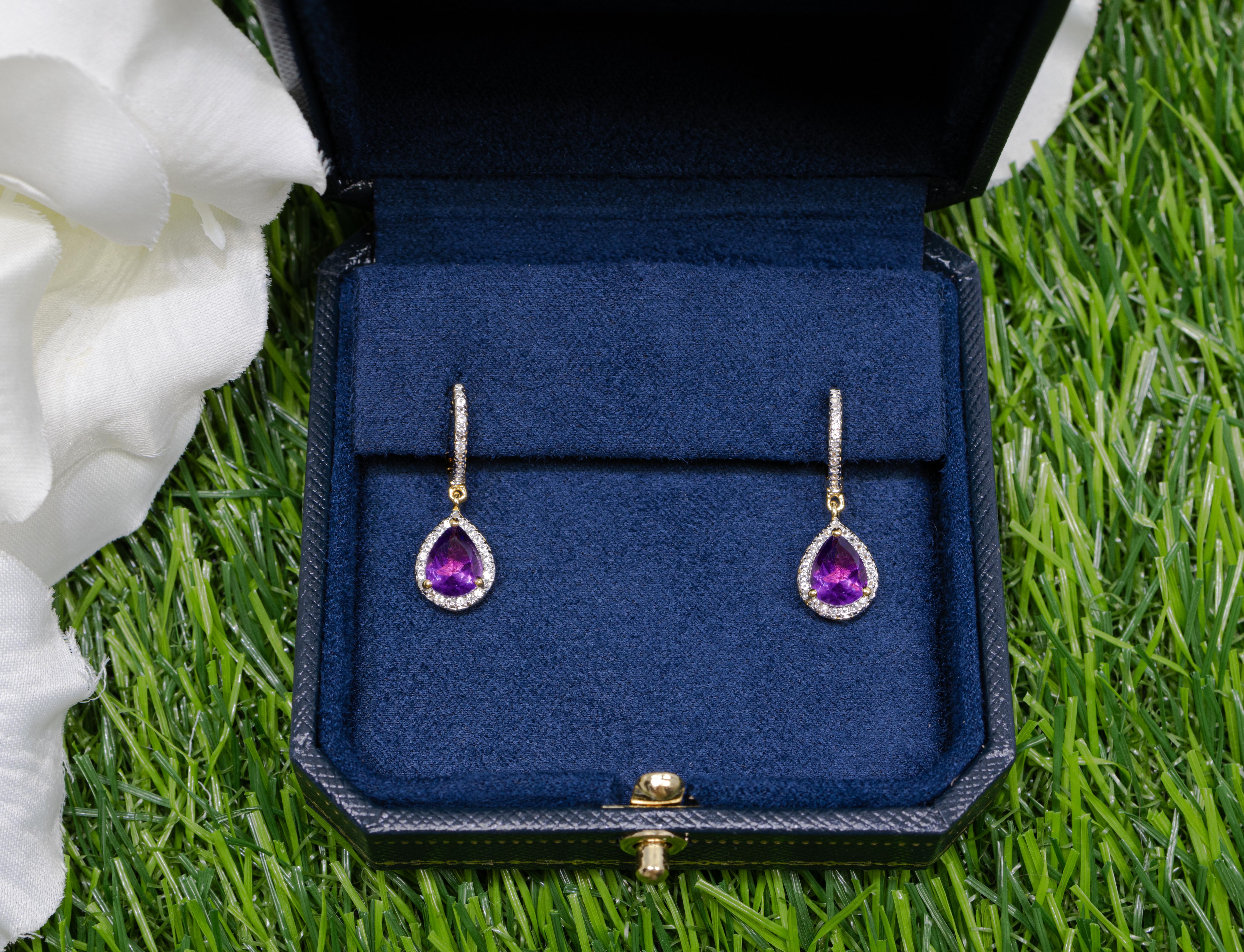 Women's Amethyst Dangle Earrings White Topaz 2.28 Carats 18K Yellow Gold Plated Silver For Sale