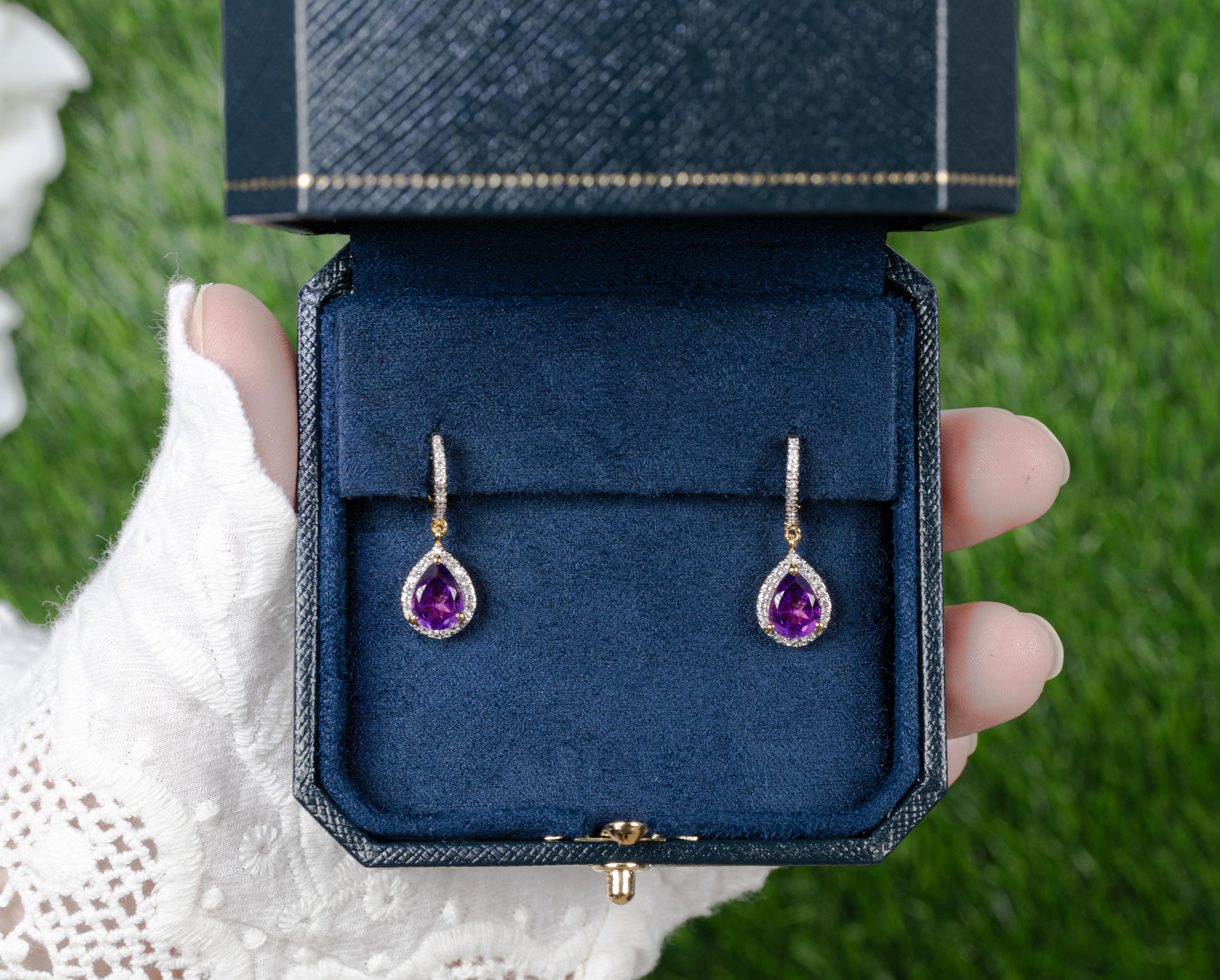 Amethyst Dangle Earrings White Topaz 2.28 Carats 18K Yellow Gold Plated Silver in vendita 1