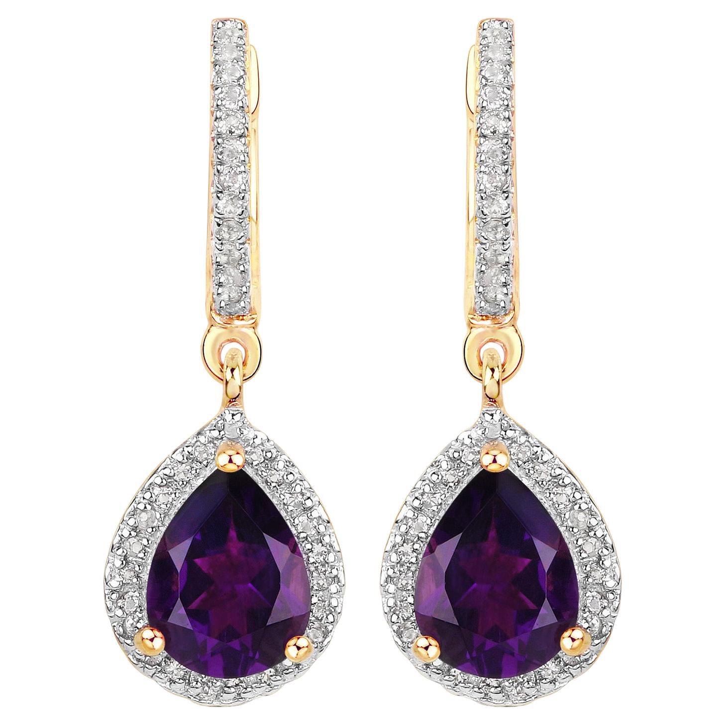 Amethyst Dangle Earrings White Topaz 2.28 Carats 18K Yellow Gold Plated Silver For Sale
