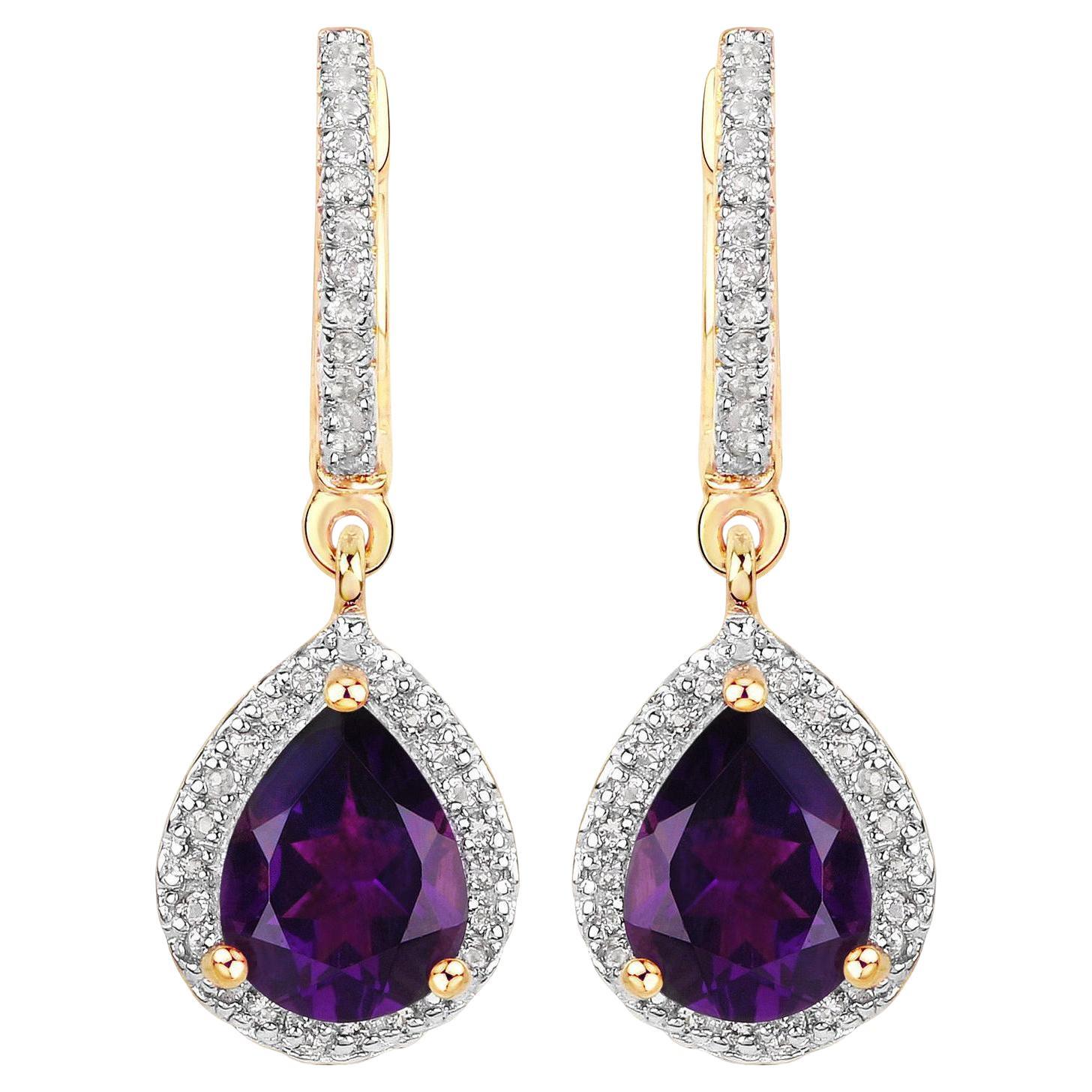 Amethyst Dangle Earrings White Topaz 2.28 Carats 18K Yellow Gold Plated Silver For Sale