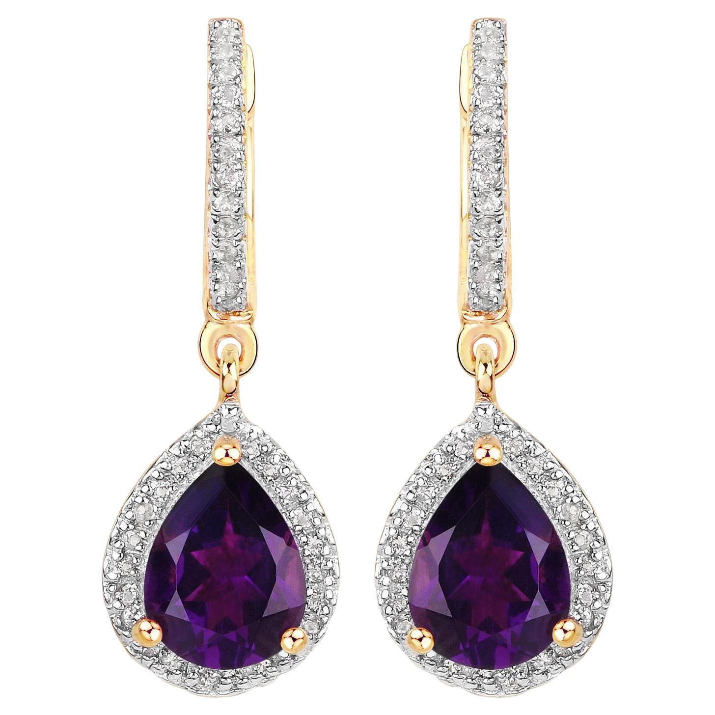 Boucles d'oreilles pendantes en améthyste Topaze blanche 2,28 carats Argent plaqué or jaune 18K en vente