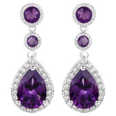 Amethyst Dangle Earrings White Topaz 6.98 Carats 18K White Gold Plated Silver