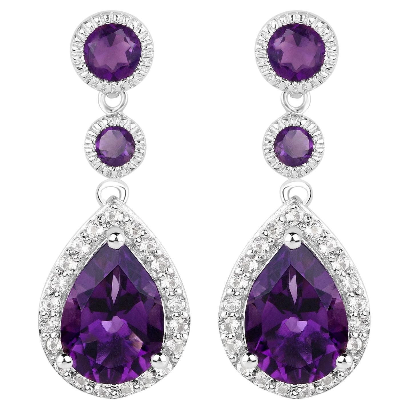Amethyst Dangle Earrings White Topaz 6.98 Carats 18K White Gold Plated Silver For Sale