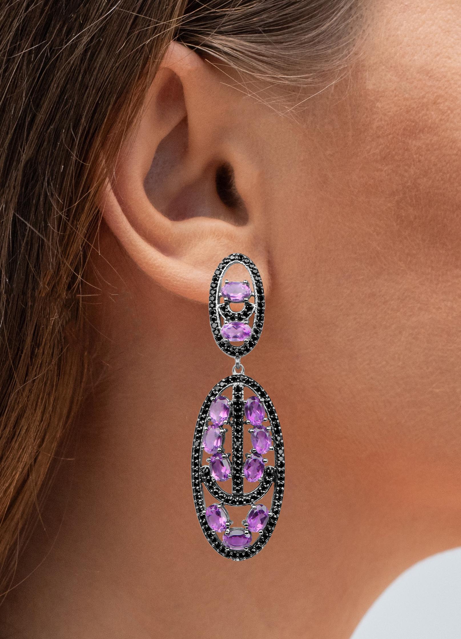 Art Deco Amethyst Dangle Earrings With Black Spinels 12 Carats For Sale