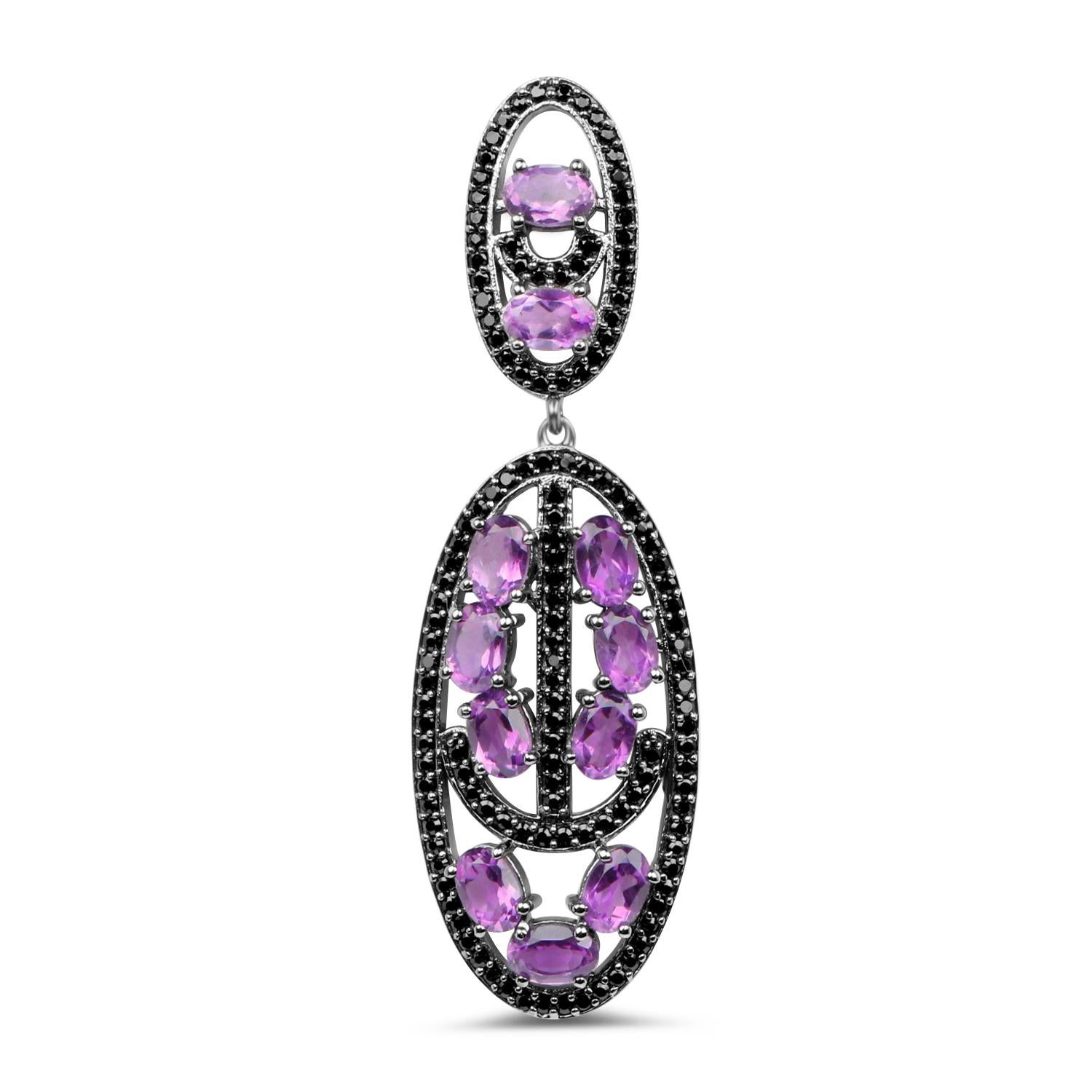 Oval Cut Amethyst Dangle Earrings With Black Spinels 12 Carats For Sale