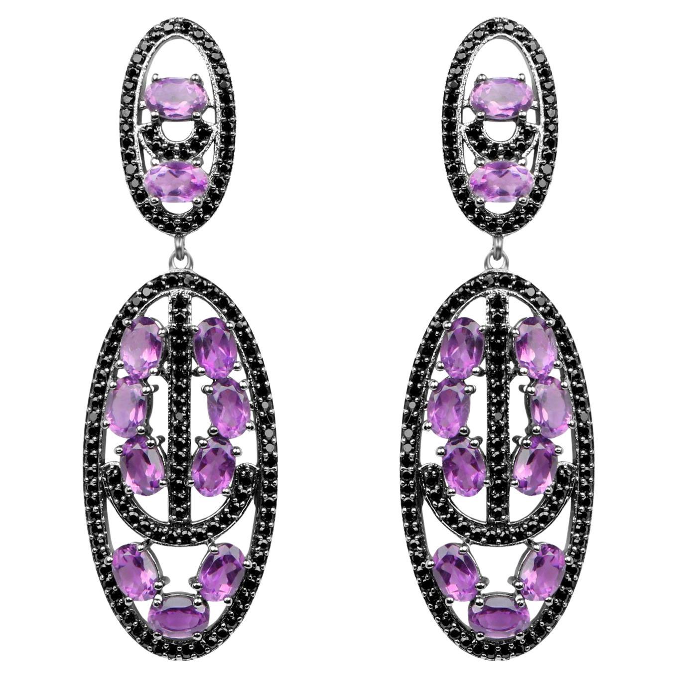 Amethyst Dangle Earrings With Black Spinels 12 Carats For Sale