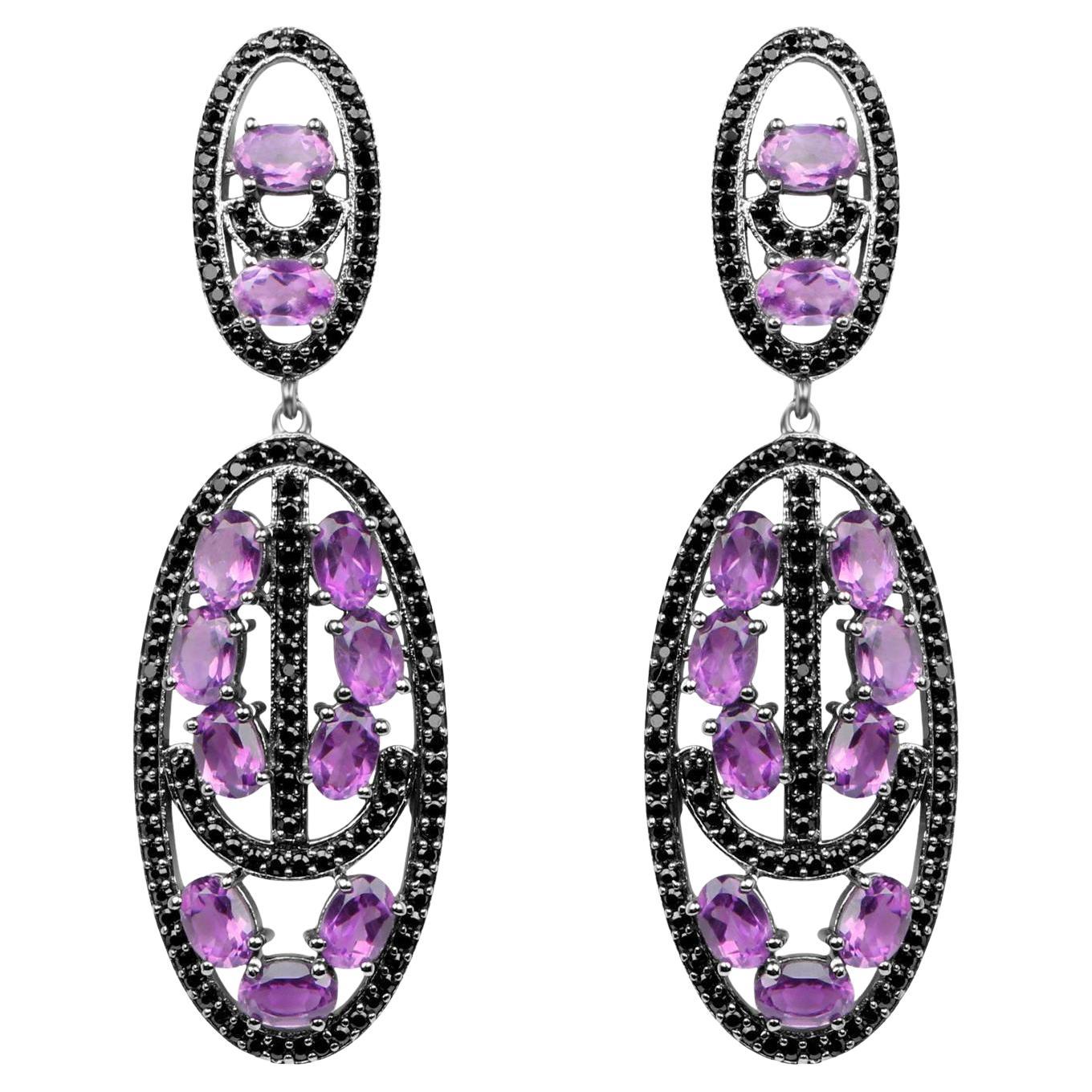 Amethyst Dangle Earrings With Black Spinels 12 Carats