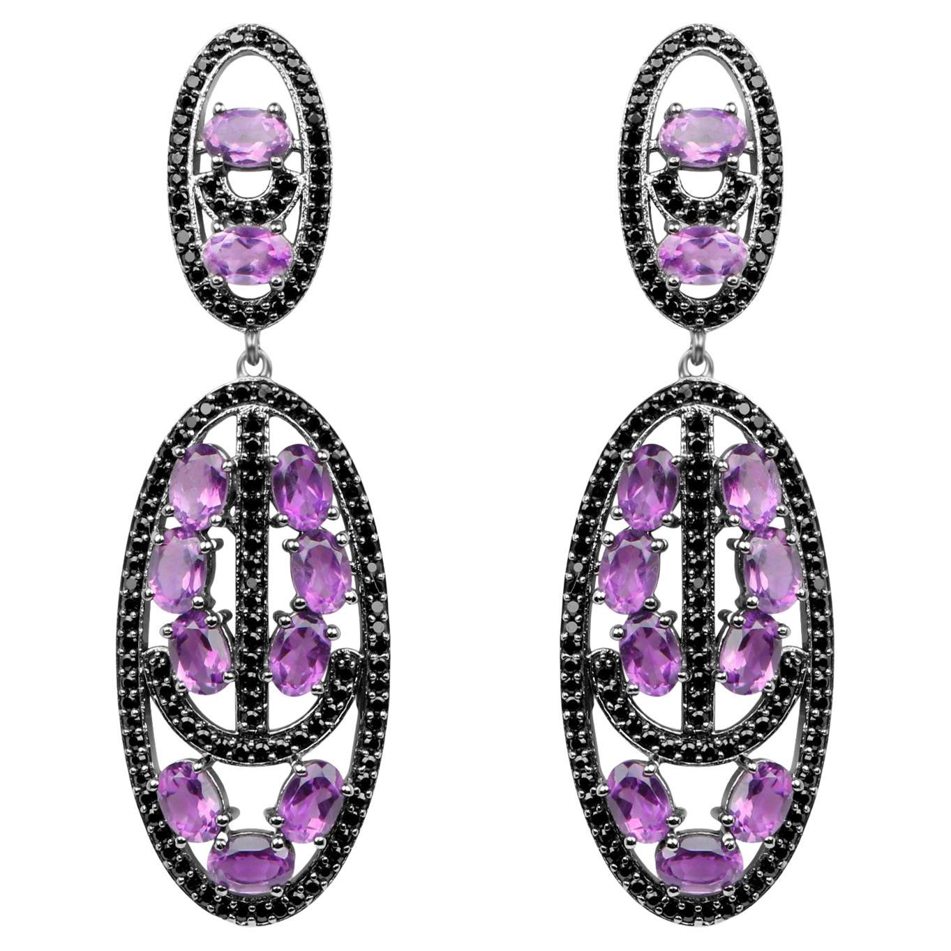 Amethyst Dangle Earrings With Black Spinels 12 Carats For Sale