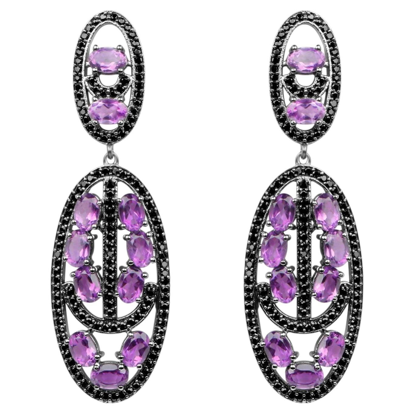 Amethyst Dangle Earrings With Black Spinels 12 Carats