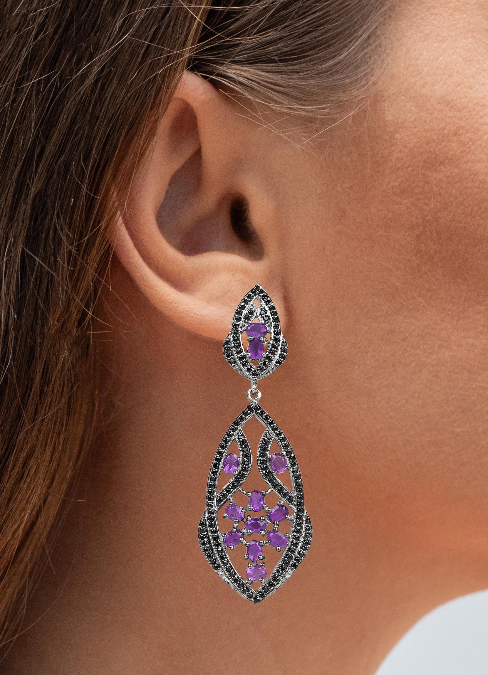 Art Deco Amethyst Dangle Earrings With Black Spinels 5.74 Carats For Sale