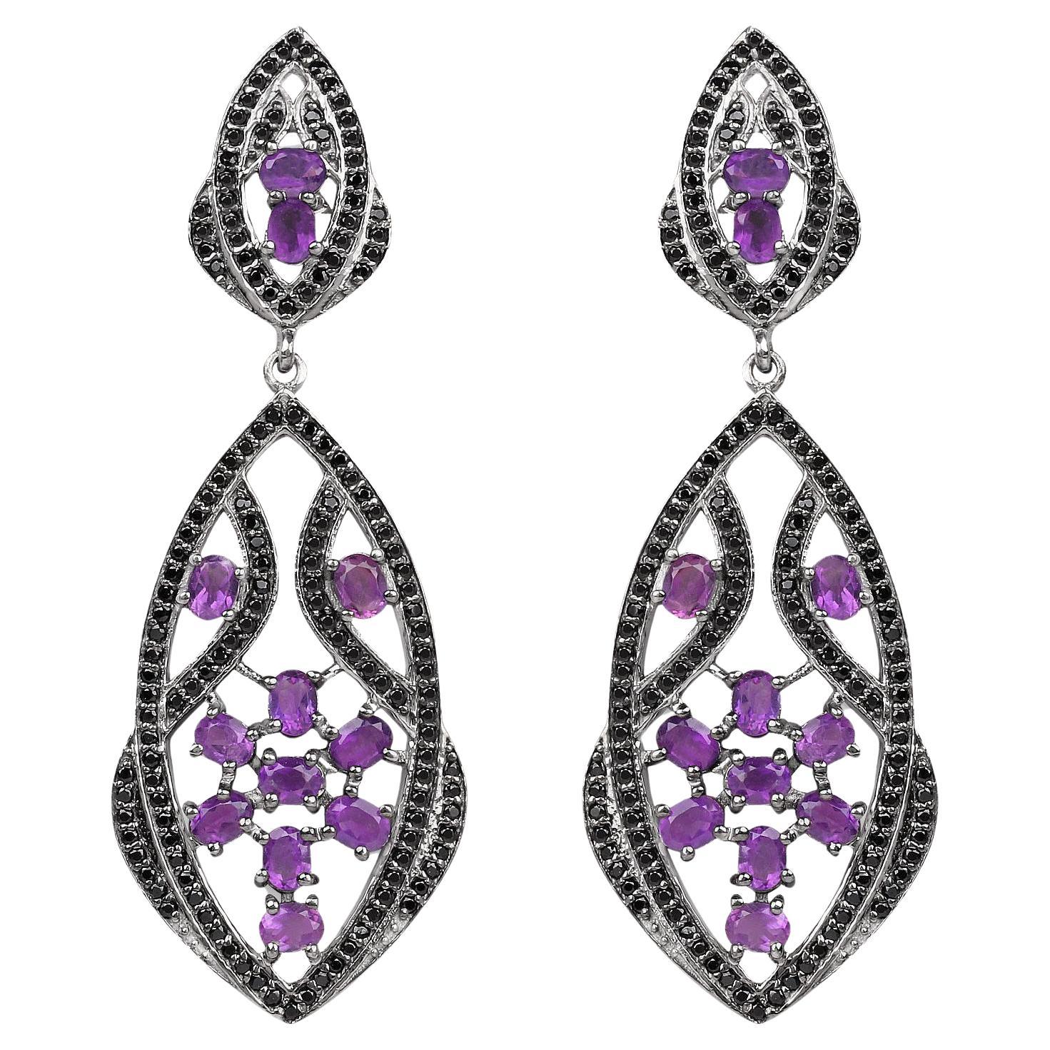 Amethyst Dangle Earrings With Black Spinels 5.74 Carats