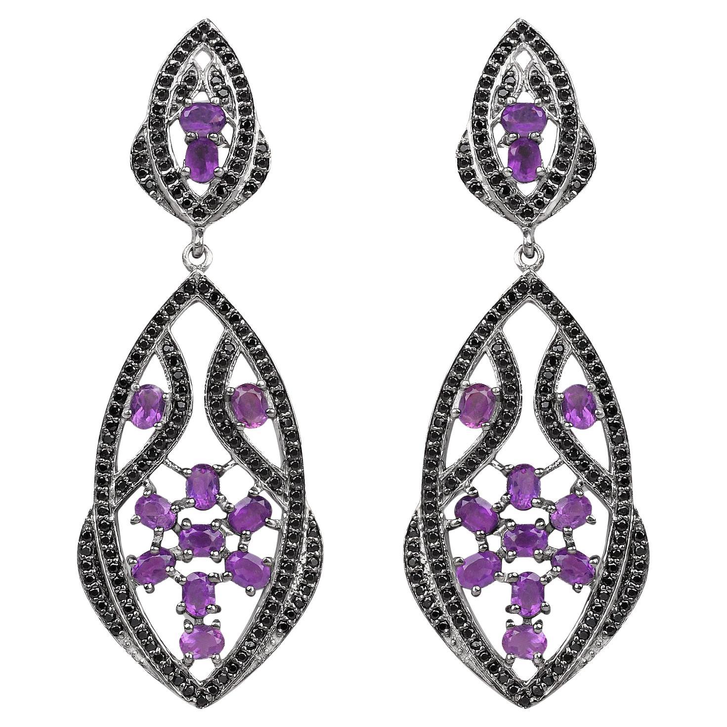 Amethyst Dangle Earrings With Black Spinels 5.74 Carats