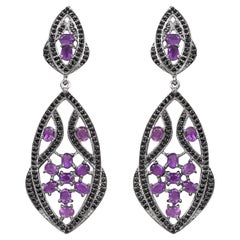Amethyst Dangle Earrings With Black Spinels 5.74 Carats