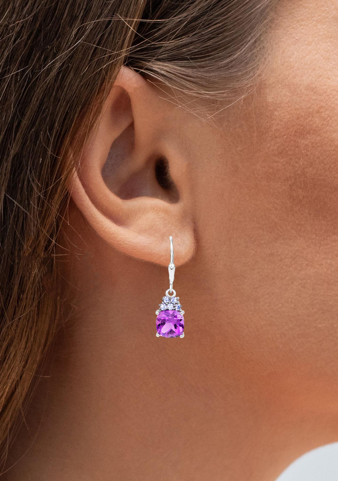 Contemporary Amethyst Dangle Earrings With Tanzanites 4 Carats Rhodium Plated Sterling Silver For Sale
