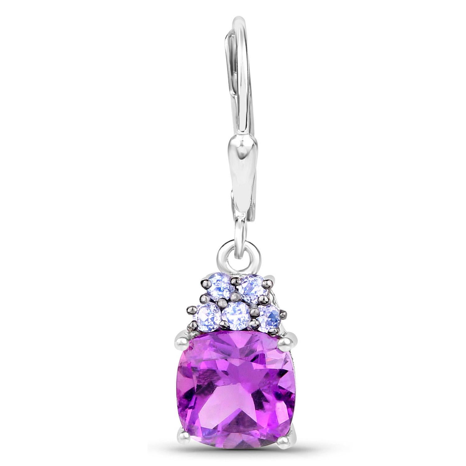 Cushion Cut Amethyst Dangle Earrings With Tanzanites 4 Carats Rhodium Plated Sterling Silver For Sale