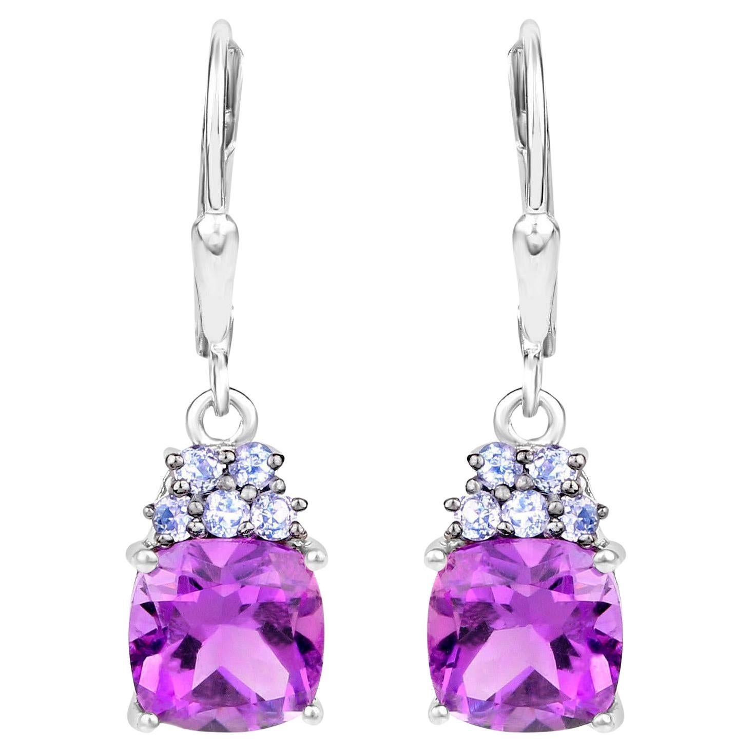 Amethyst Dangle Earrings With Tanzanites 4 Carats Rhodium Plated Sterling Silver