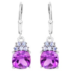 Amethyst Dangle Earrings With Tanzanites 4 Carats Rhodium Plated Sterling Silver