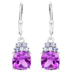 Amethyst Dangle Earrings With Tanzanites 4 Carats Rhodium Plated Sterling Silver