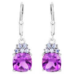 Amethyst Dangle Earrings With Tanzanites 4 Carats Rhodium Plated Sterling Silver