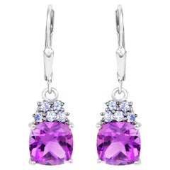 Amethyst Dangle Earrings With Tanzanites 4 Carats Rhodium Plated Sterling Silver