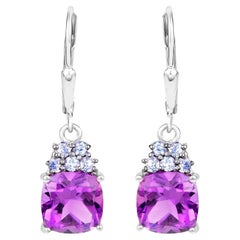 Amethyst Dangle Earrings With Tanzanites 4 Carats Rhodium Plated Sterling Silver