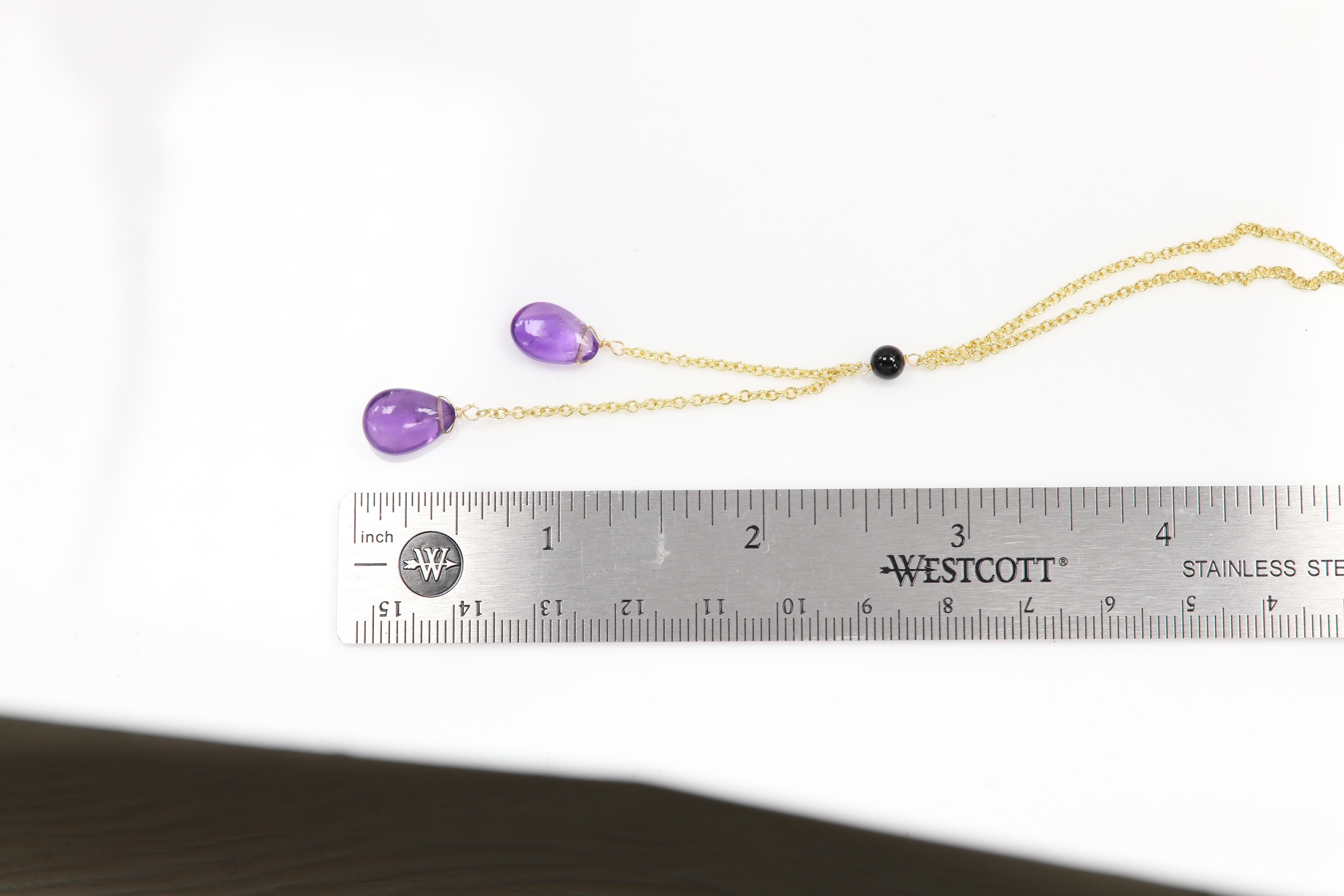 Pear Cut Amethyst Dangle Necklace 14 Karat Yellow Gold Purple Amethyst Gemstone Drops For Sale